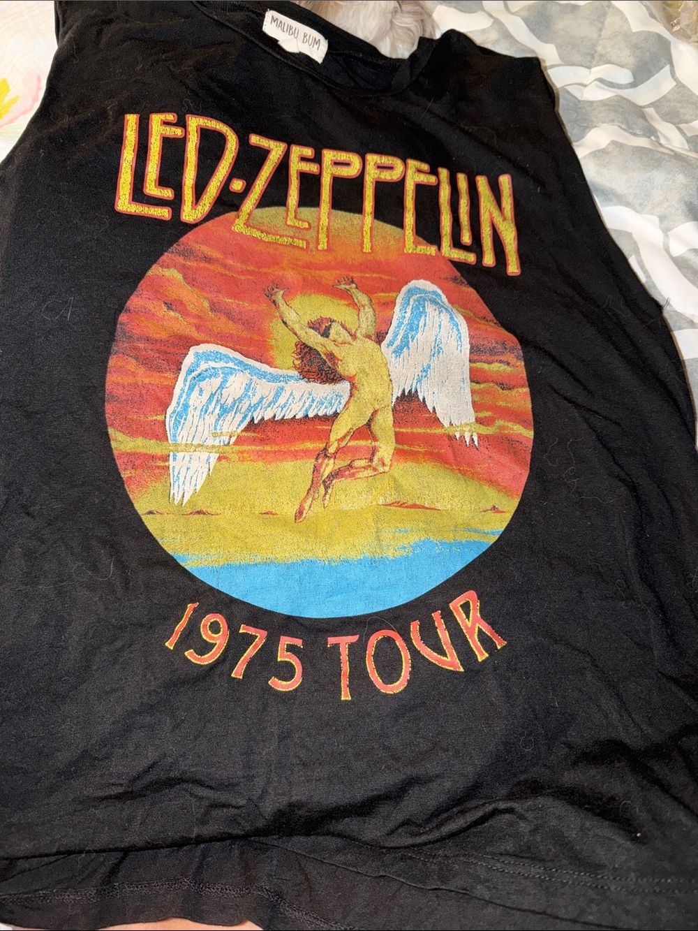Wildfox Black Led-Zeppelin 1975 Tour Graphic Tee with Red Yellow Blue Accents